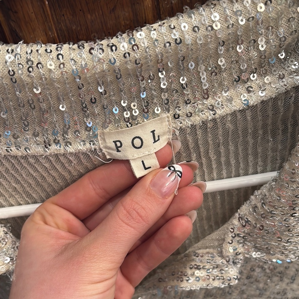 POL Sequin Button-Up Shirt Jacket in Sparkling Cream - Picture 3 of 5